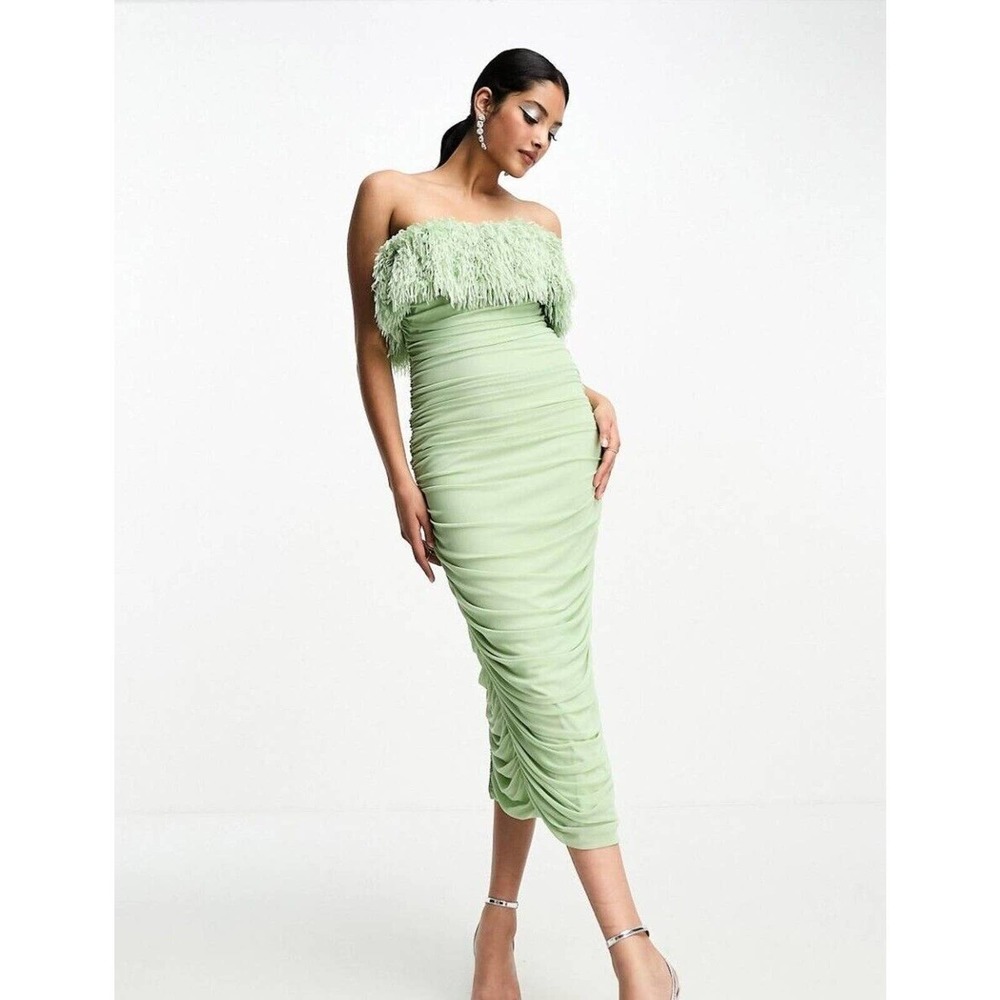 ASOS Bandeau Faux Feather Mesh Midi Dress Sage Green Woman's Size 6 NEW